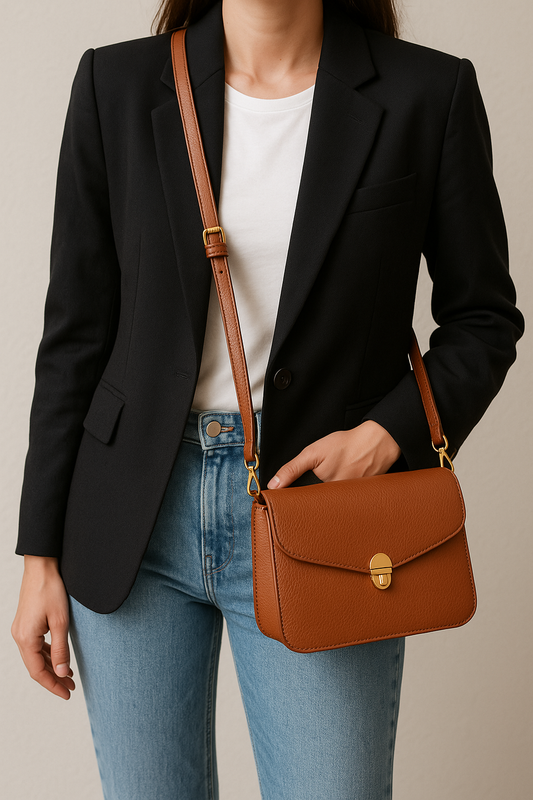 Crossbody handbag styled with jeans and blazer